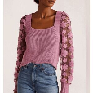 INDUSTRY Republic Pink Cotton Knit‎ Sweater Sheer Floral Applique Sleeve Small